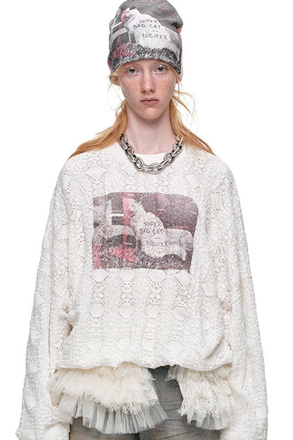 Cat Wanted Print Hollow Lace Pullover