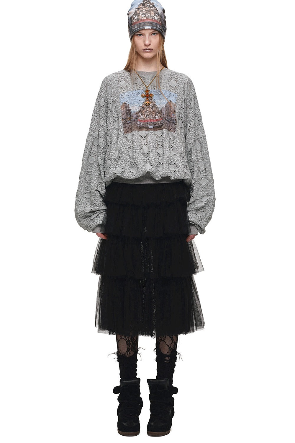 Cat Wanted Print Hollow Lace Pullover