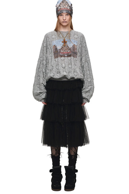 Cat Wanted Print Hollow Lace Pullover