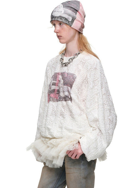 Cat Wanted Print Hollow Lace Pullover