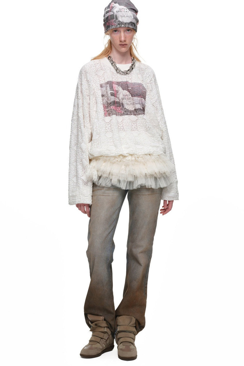Cat Wanted Print Hollow Lace Pullover