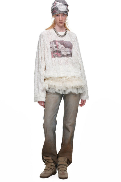 Cat Wanted Print Hollow Lace Pullover
