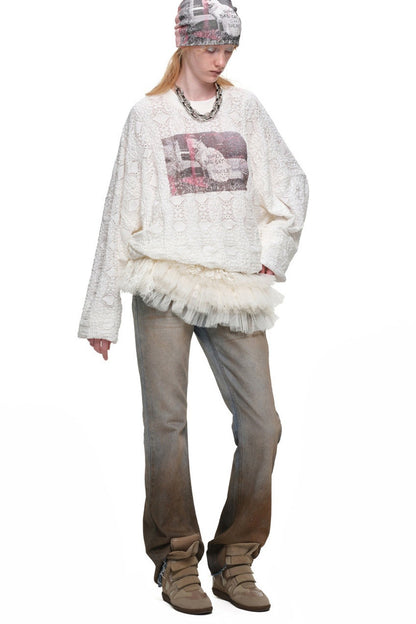 Cat Wanted Print Hollow Lace Pullover