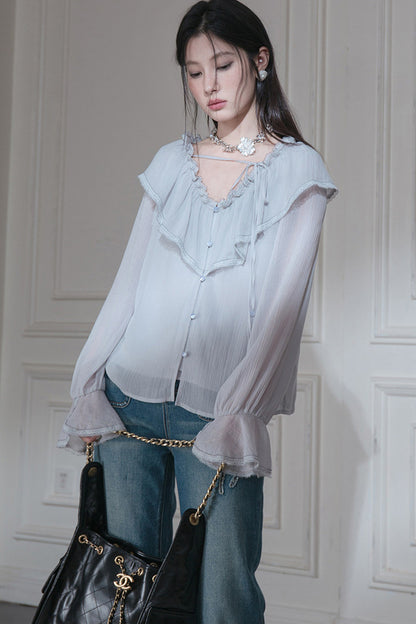 Cloud Wave Collar Chiffon Blouse Set