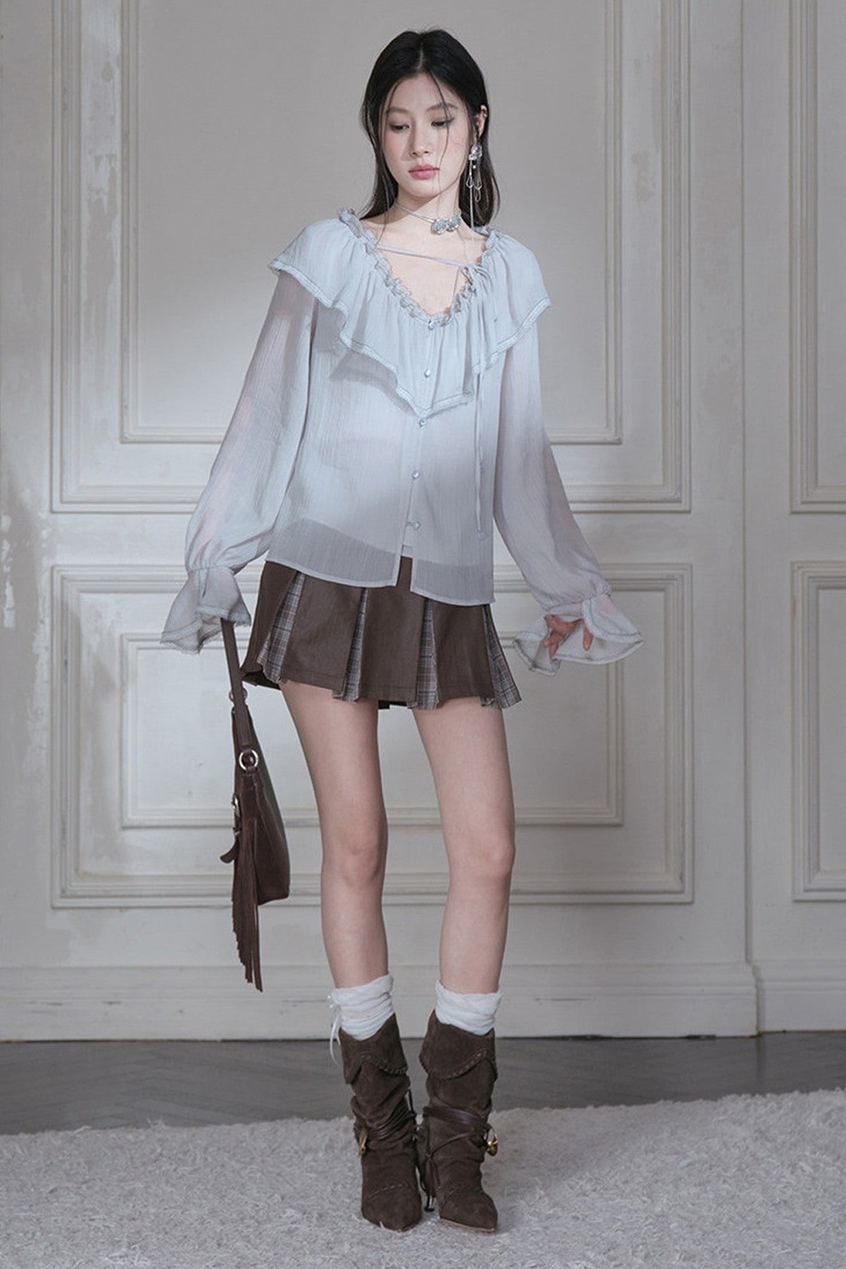 Cloud Wave Collar Chiffon Blouse Set