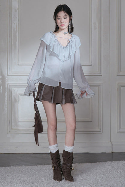 Cloud Wave Collar Chiffon Blouse Set