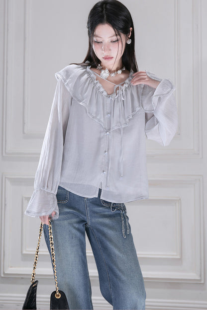 Cloud Wave Collar Chiffon Blouse Set