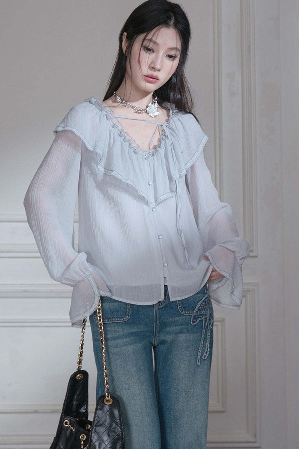 Cloud Wave Collar Chiffon Blouse Set