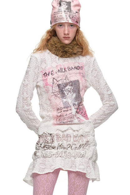 Cat Bubble Lace Top And Irregular Fishtail Skirt Set-Up