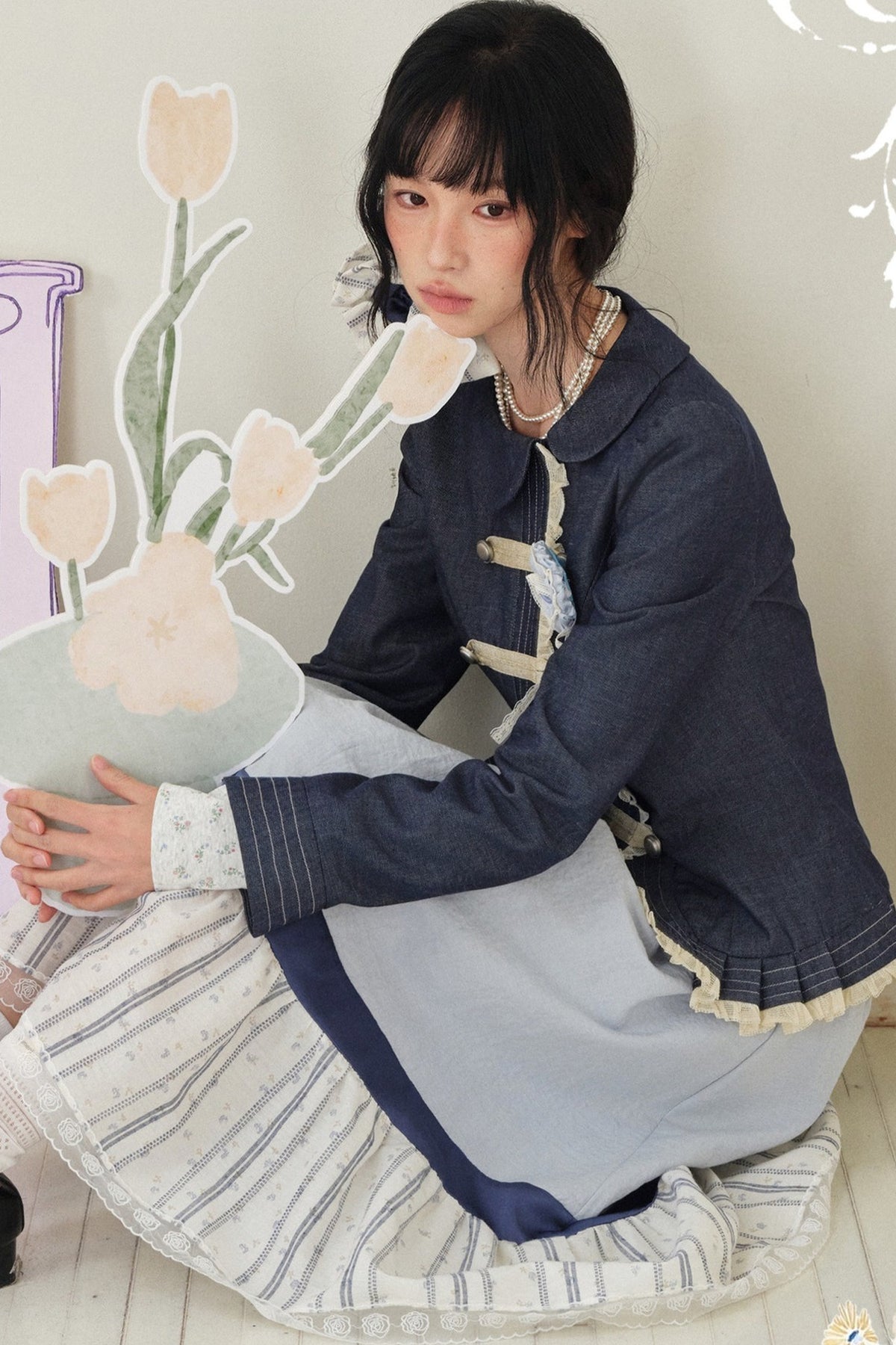 Collar Denim Lace Trim Jacket
