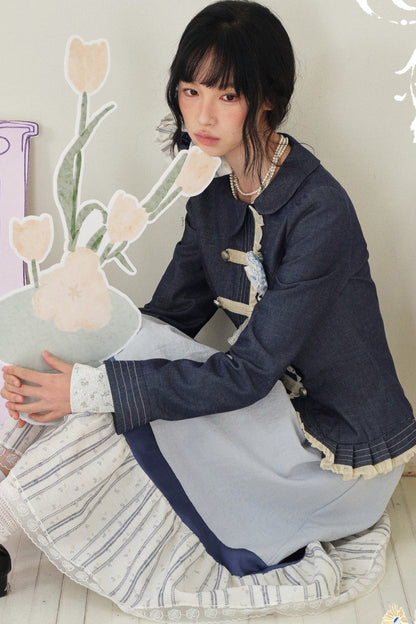 Collar Denim Lace Trim Jacket