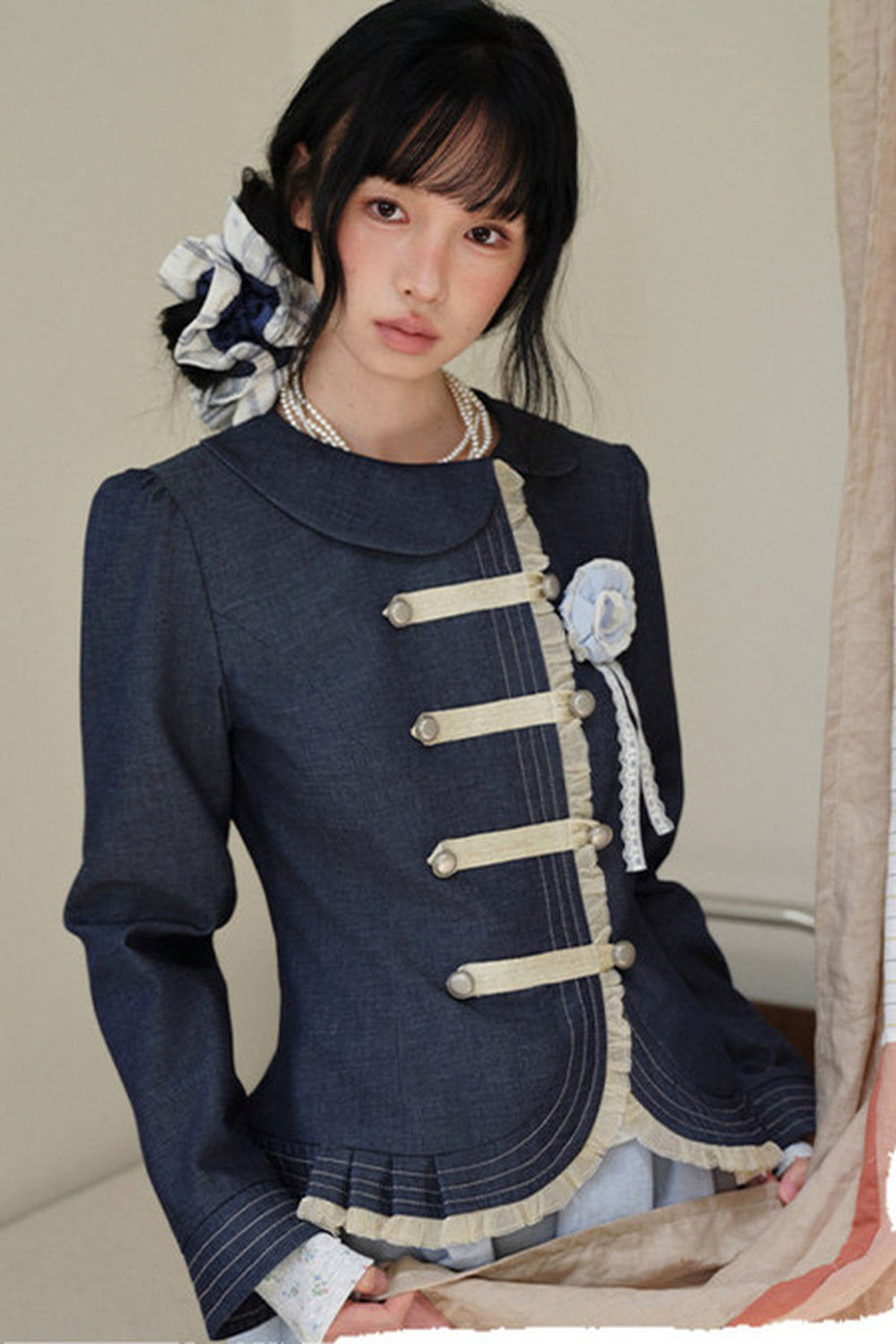 Collar Denim Lace Trim Jacket