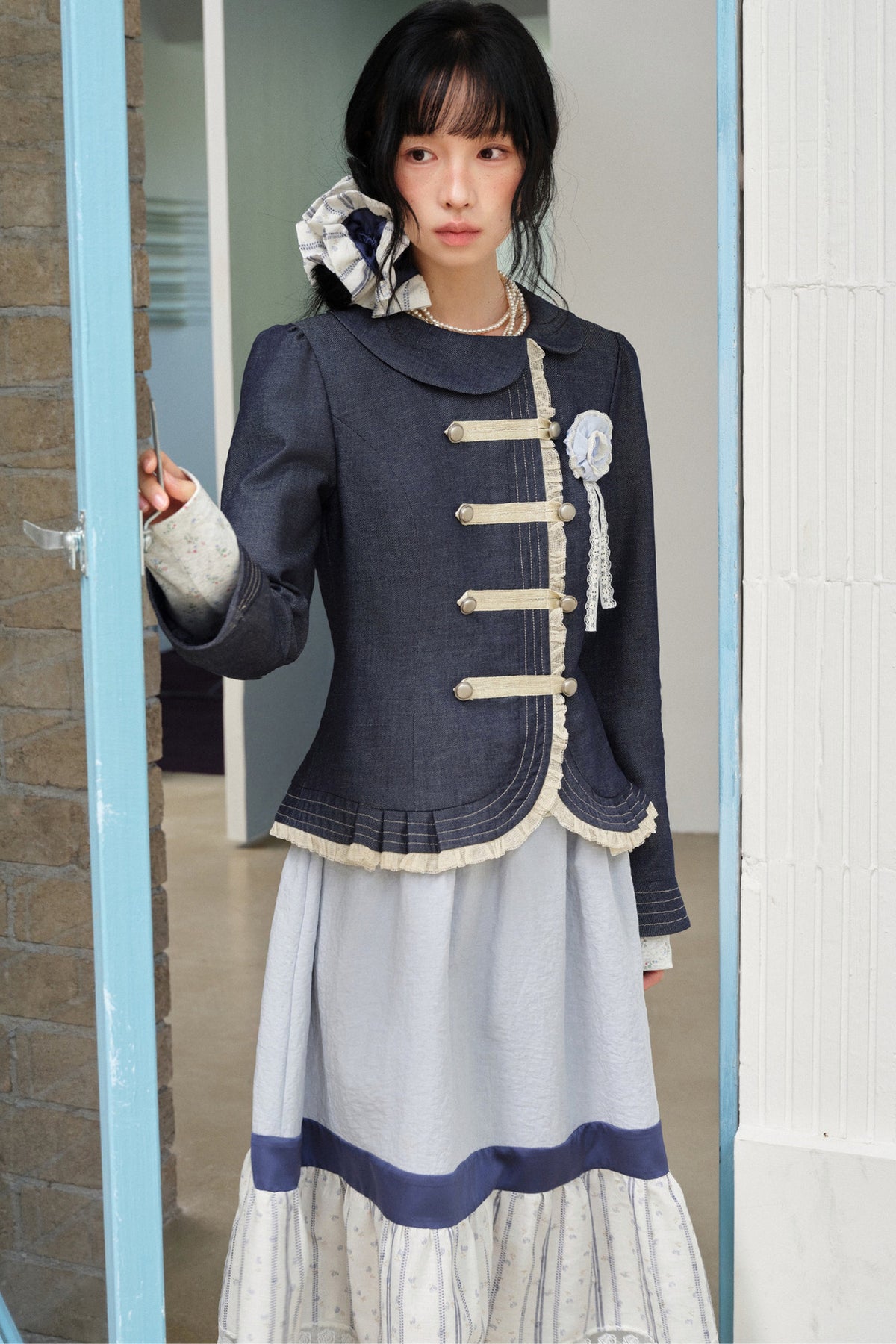 Collar Denim Lace Trim Jacket