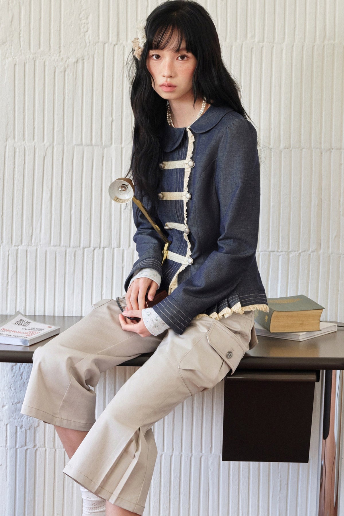 Collar Denim Lace Trim Jacket