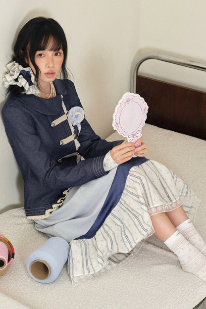 Collar Denim Lace Trim Jacket
