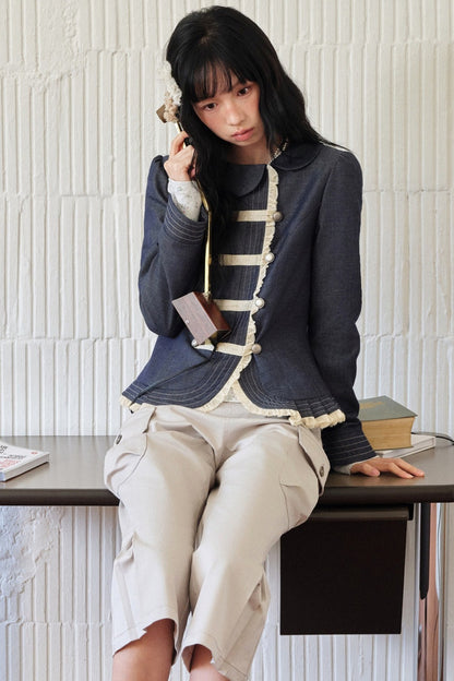 Collar Denim Lace Trim Jacket