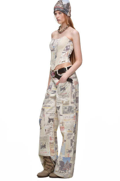 Cat Newspaper Print Strapless Camisole