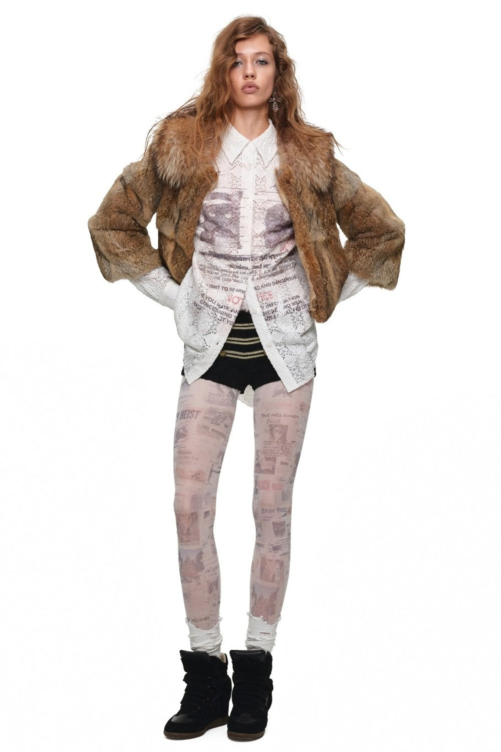 Cat Wanted Print Hollow Lace Shirt