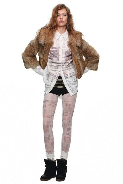 Cat Wanted Print Hollow Lace Shirt