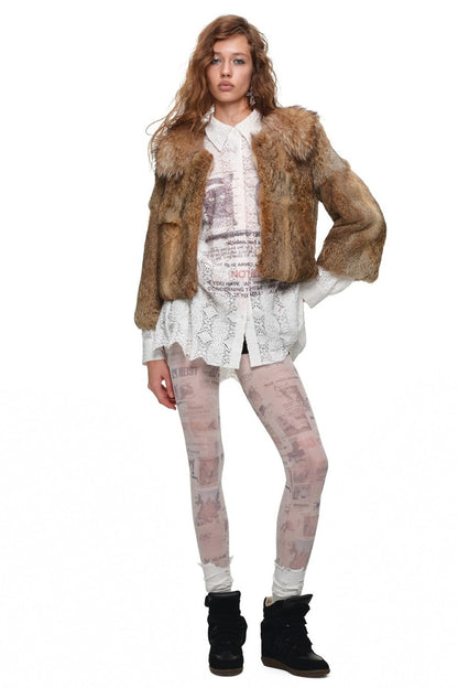 Cat Wanted Print Hollow Lace Shirt