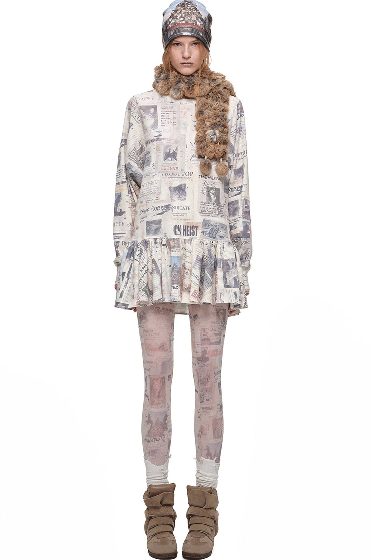 Cat Newspaper Print Waffle Long Sleeve Dress
