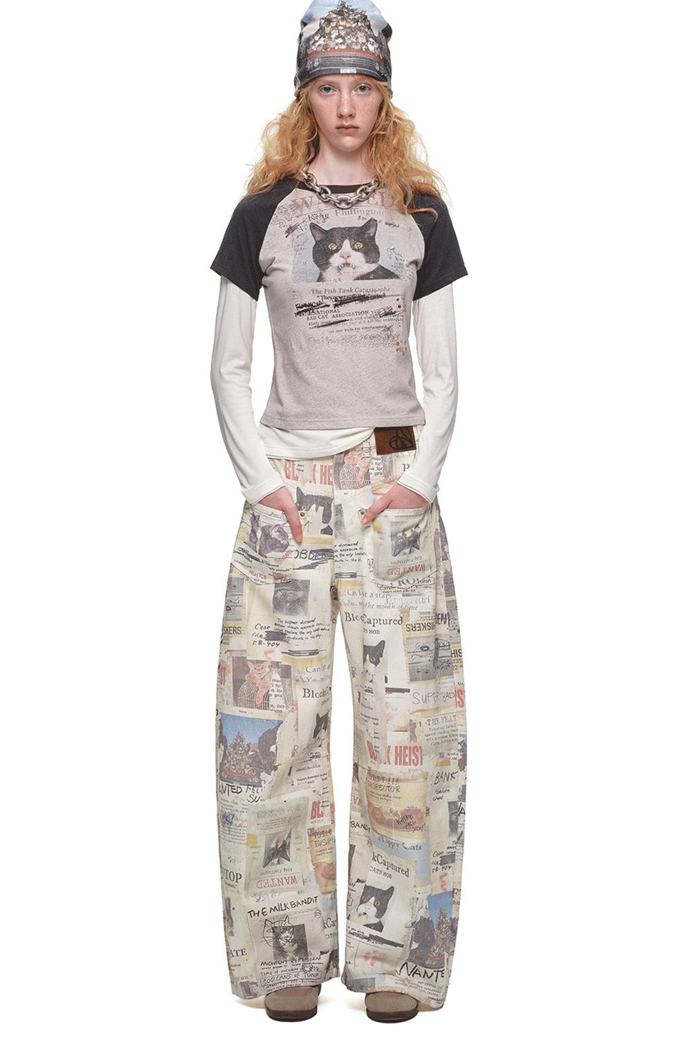 Cat Newspaper Print Scimitar Pants