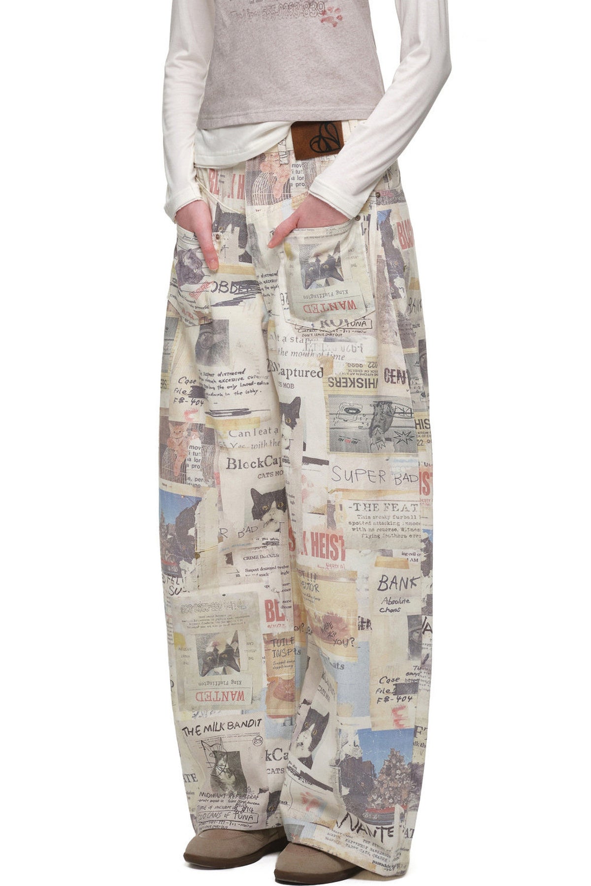 Cat Newspaper Print Scimitar Pants