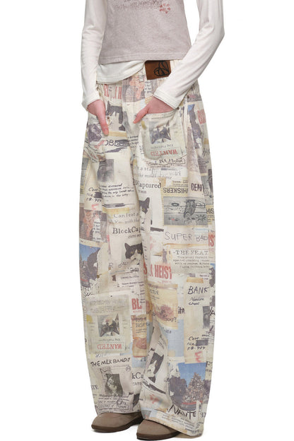 Cat Newspaper Print Scimitar Pants