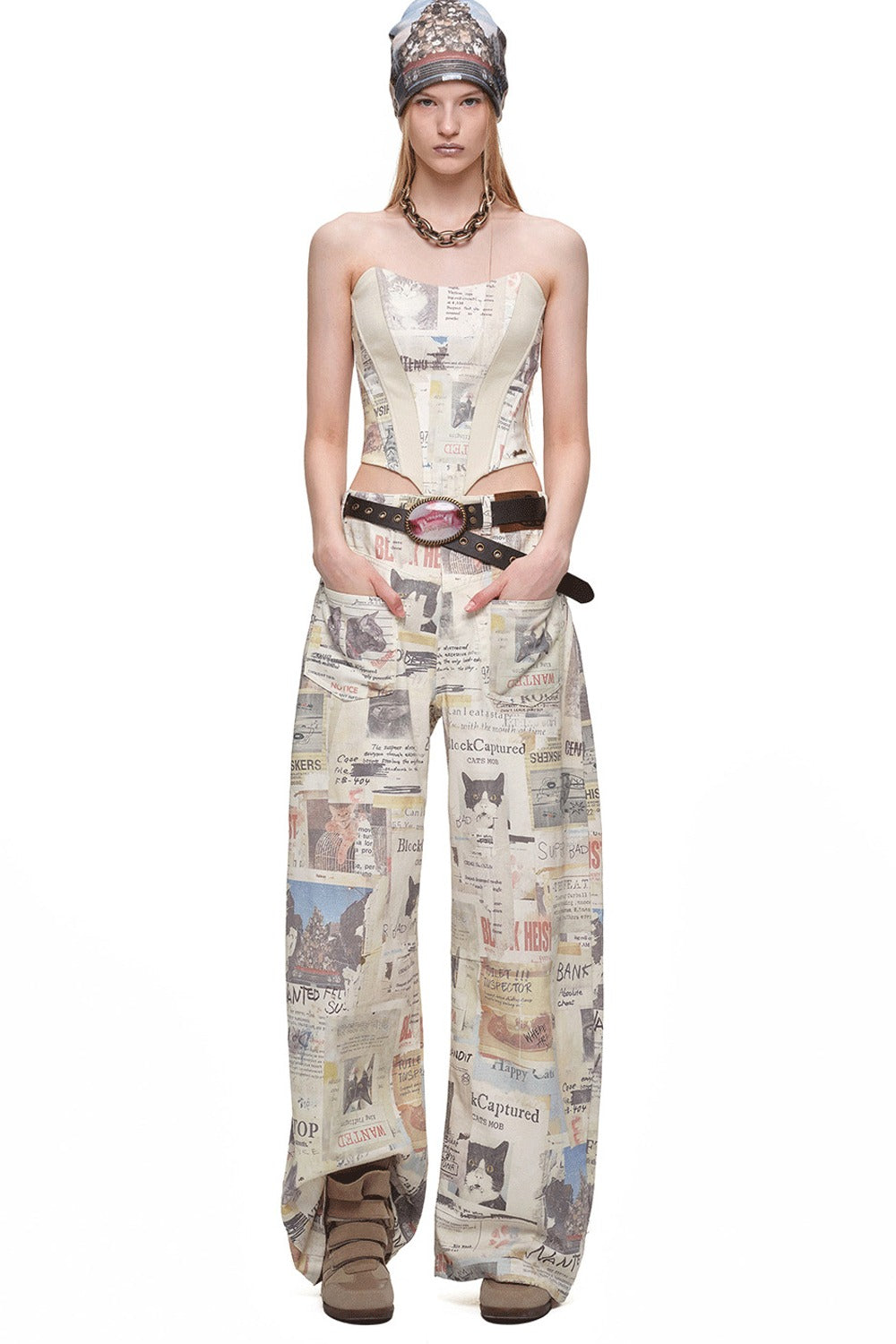 Cat Newspaper Print Scimitar Pants