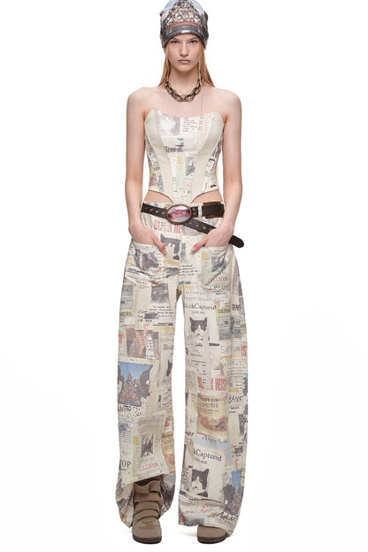 Cat Newspaper Print Scimitar Pants