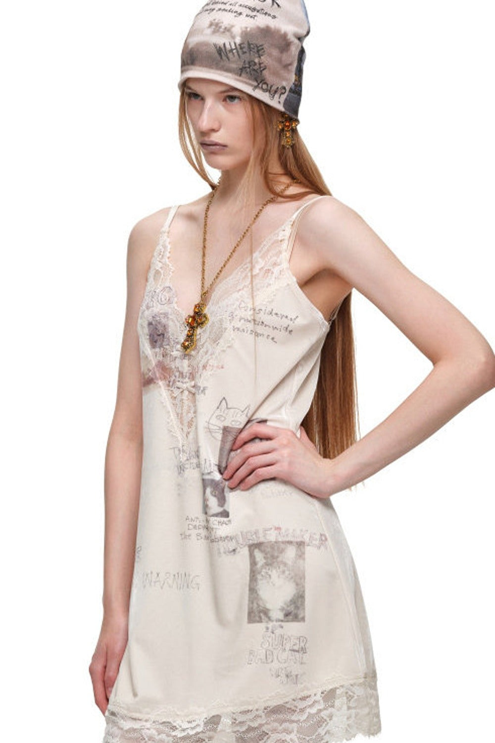 Cat Print Lace Trim Slip Dress