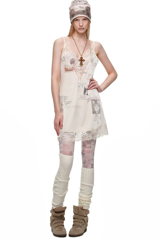 Cat Print Lace Trim Slip Dress