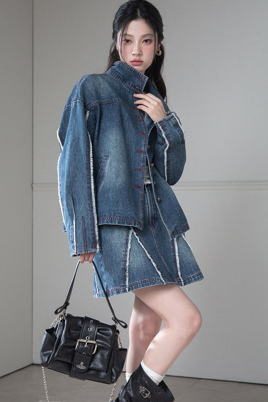 Frayed Denim Jacket and Skirt Set