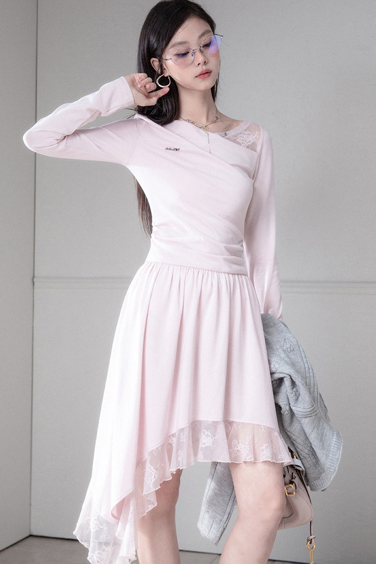 Asymmetrical Off-Shoulder Low-Waist Lace Knit Dress