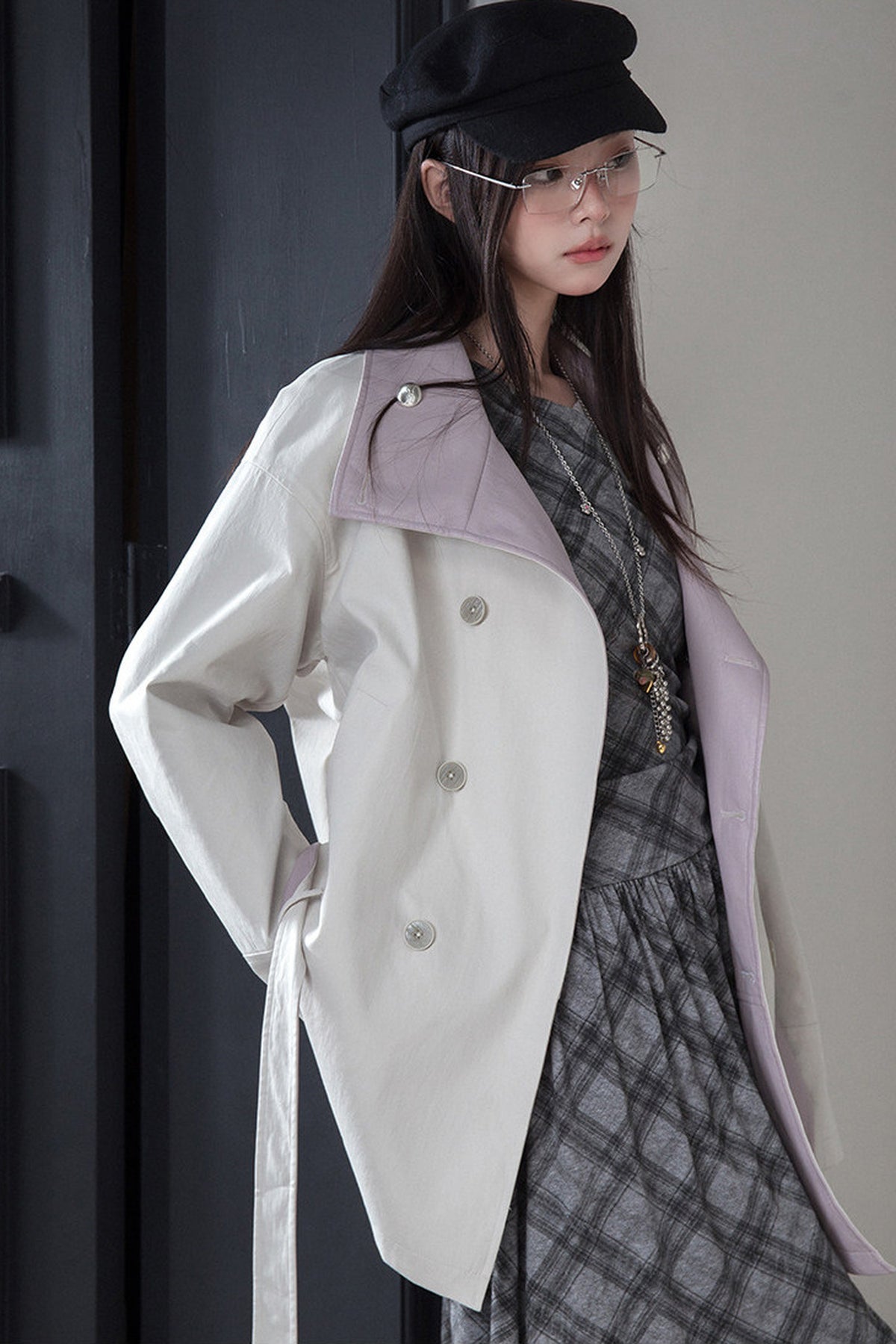 Reversible Color-Blocked Stand Collar Trench Coat