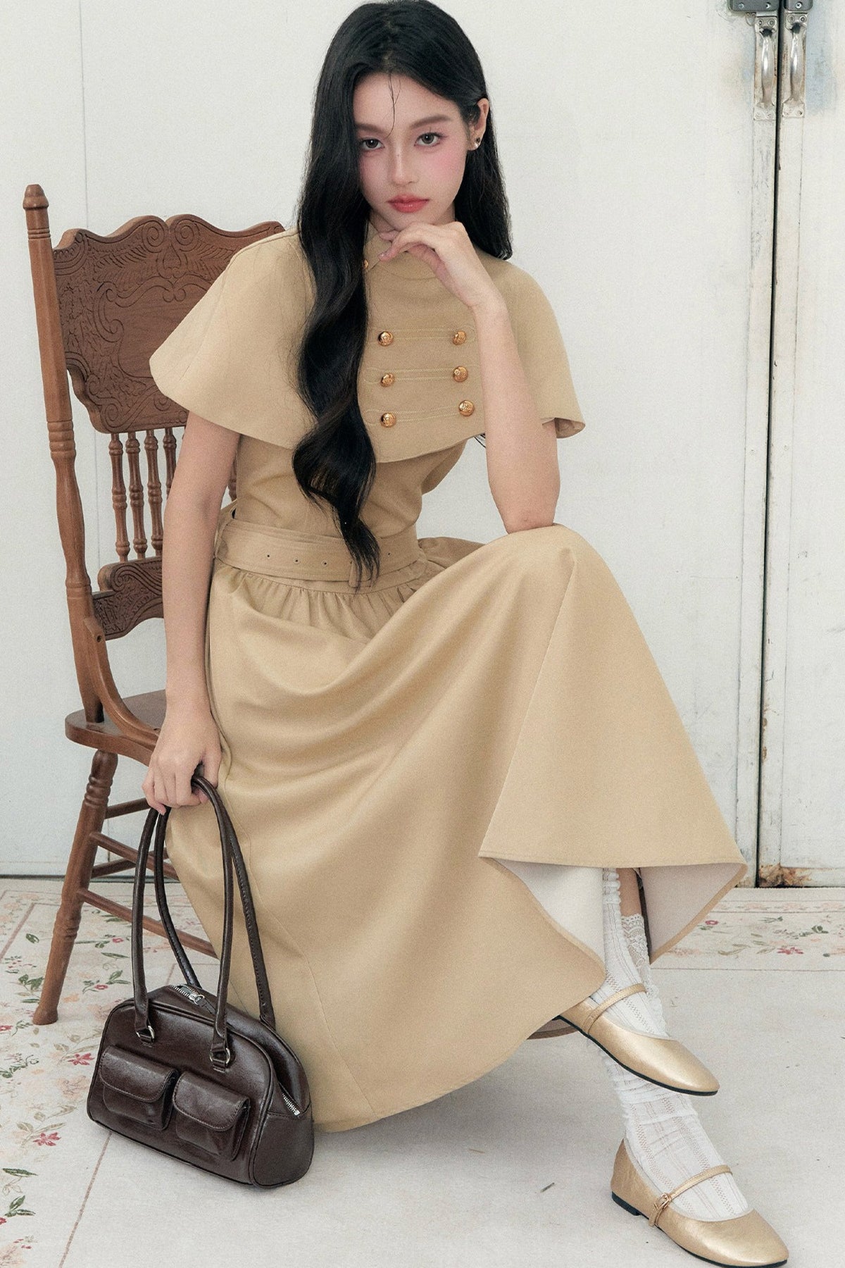 Apricot Napoleon-Cape-Kleid-Set-Up