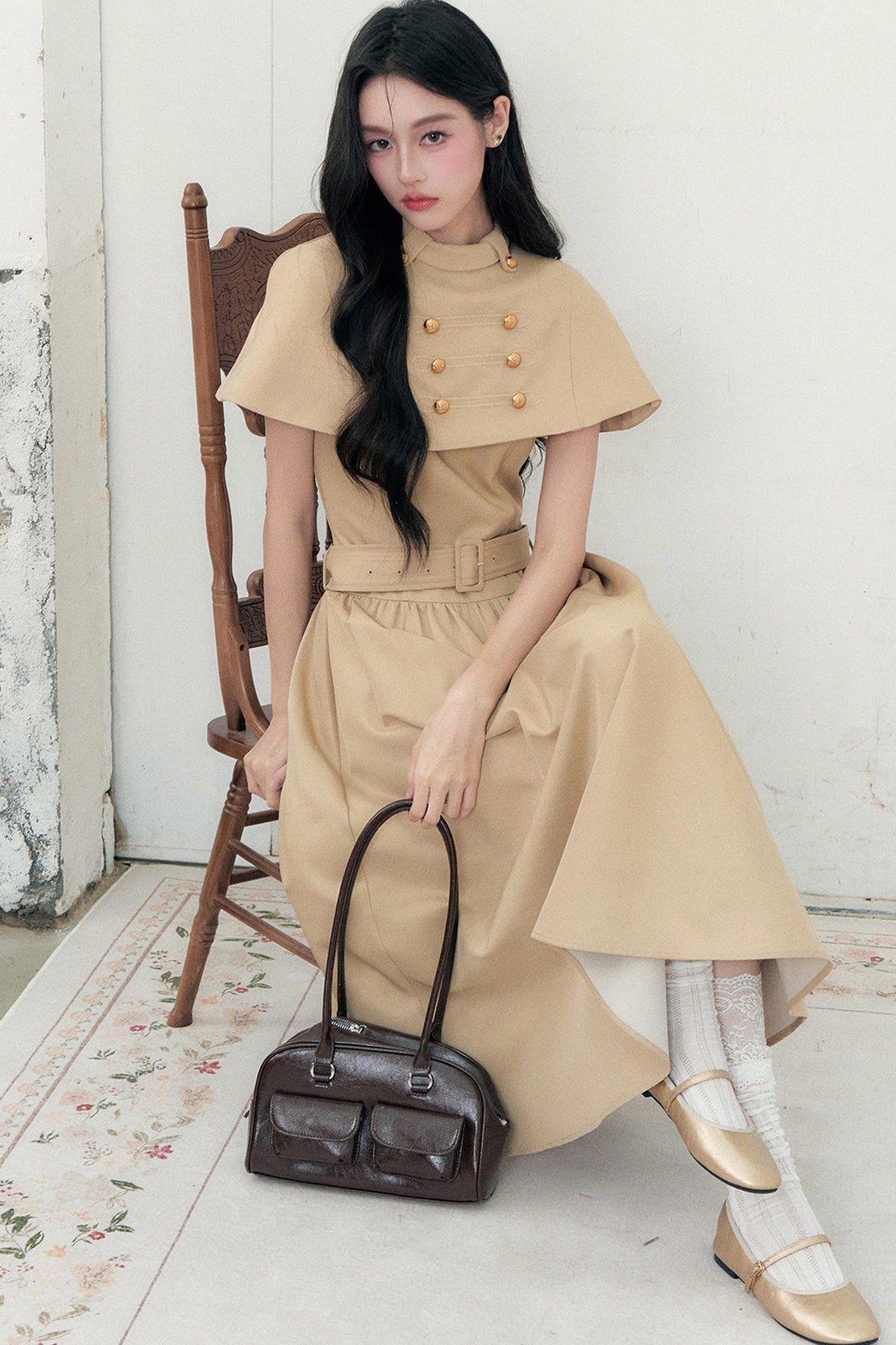 Apricot Napoleon-Cape-Kleid-Set-Up