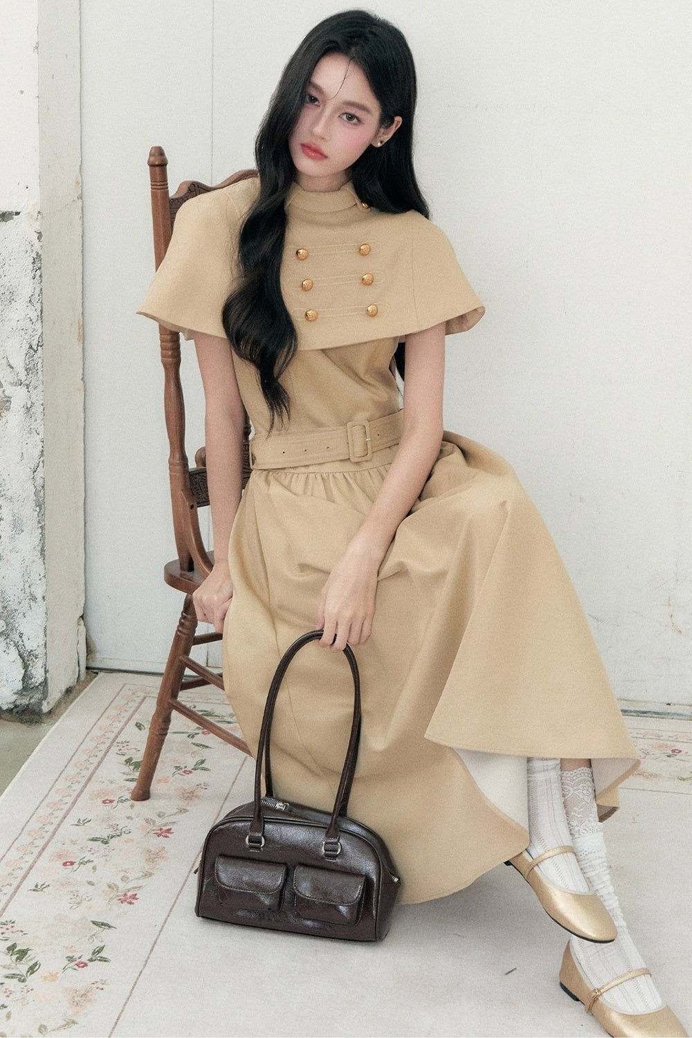 Apricot Napoleon-Cape-Kleid-Set-Up