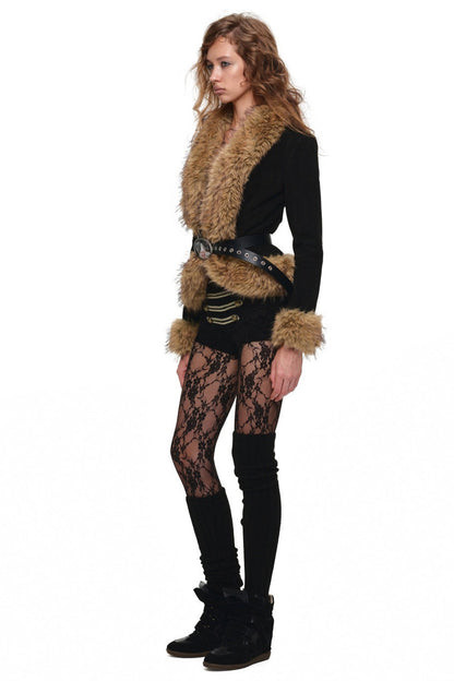 Large Fur Collar Leather Buckle Short Jacket