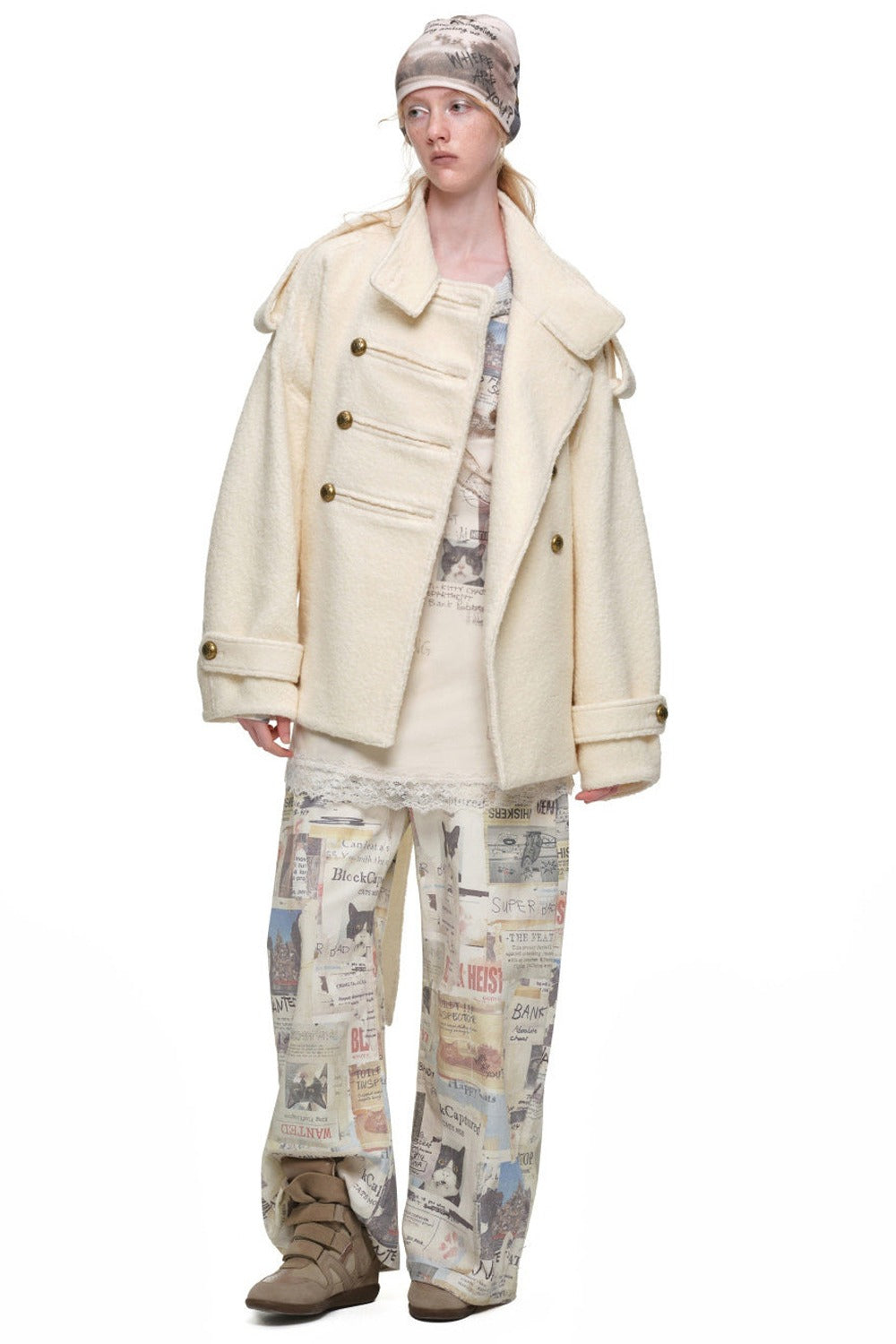 Double-Breasted Lace-Up Tweed Coat