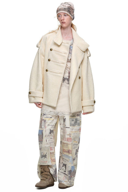 Double-Breasted Lace-Up Tweed Coat