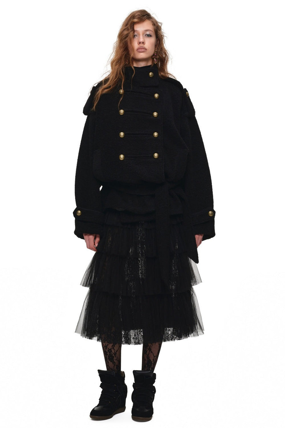 Double-Breasted Lace-Up Tweed Coat