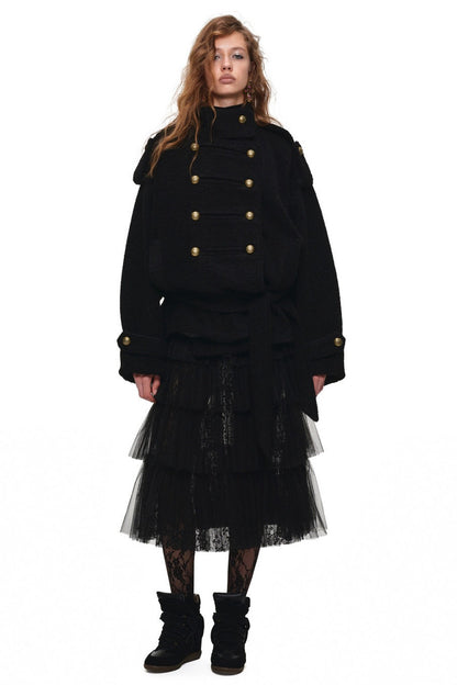 Double-Breasted Lace-Up Tweed Coat