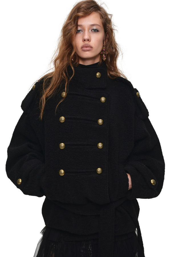 Double-Breasted Lace-Up Tweed Coat
