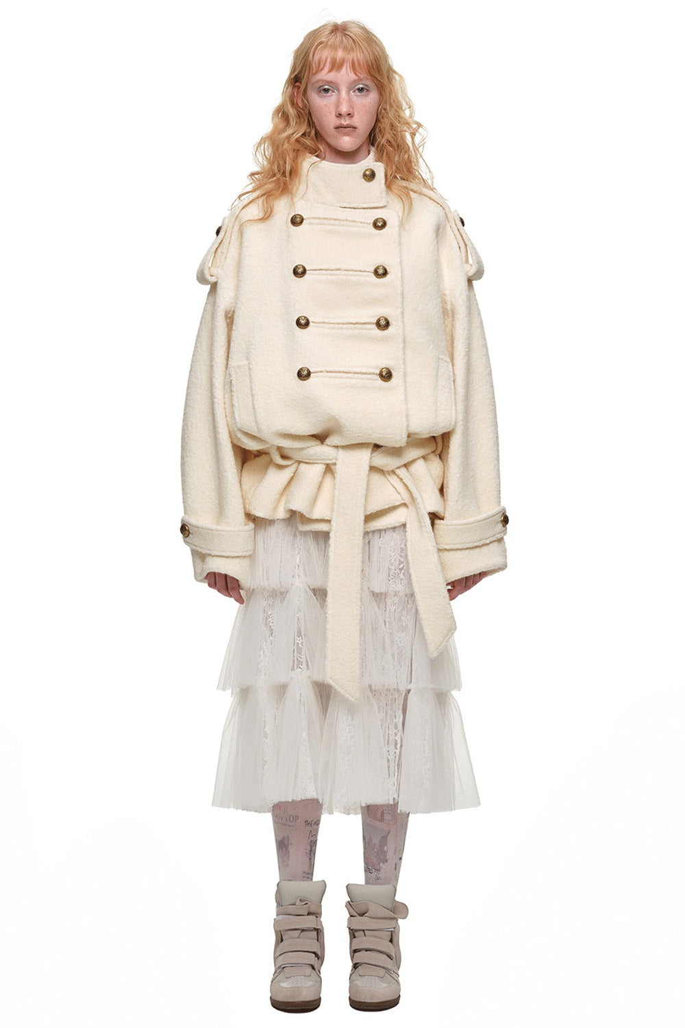 Double-Breasted Lace-Up Tweed Coat