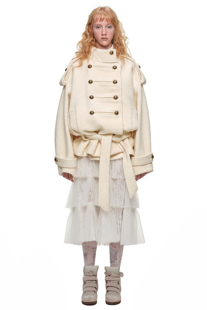 Double-Breasted Lace-Up Tweed Coat