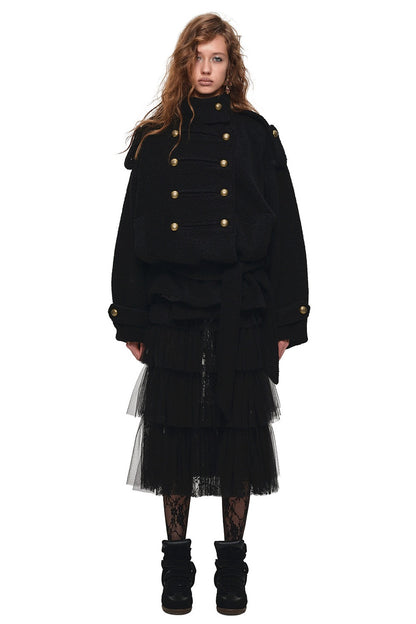 Double-Breasted Lace-Up Tweed Coat