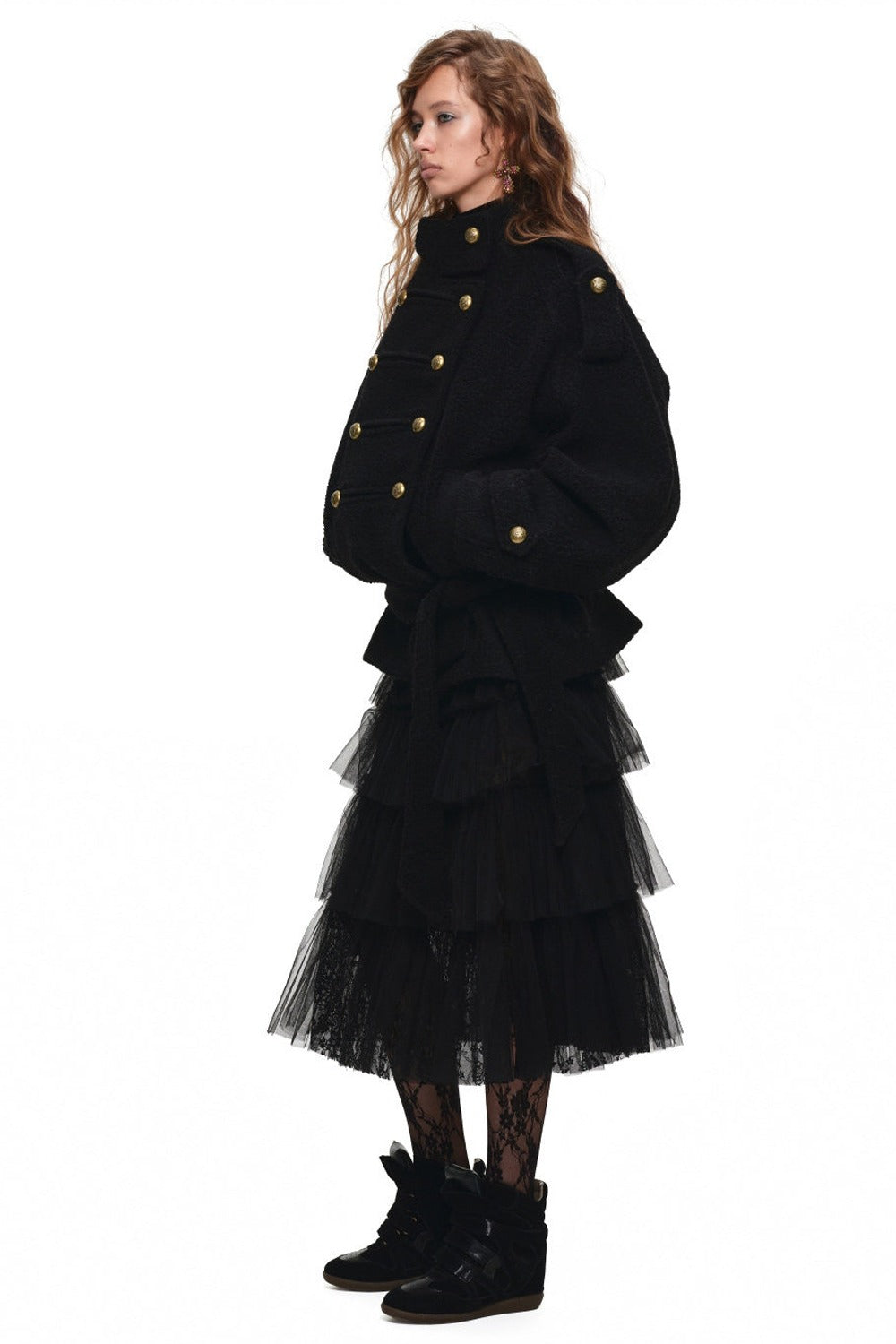 Double-Breasted Lace-Up Tweed Coat