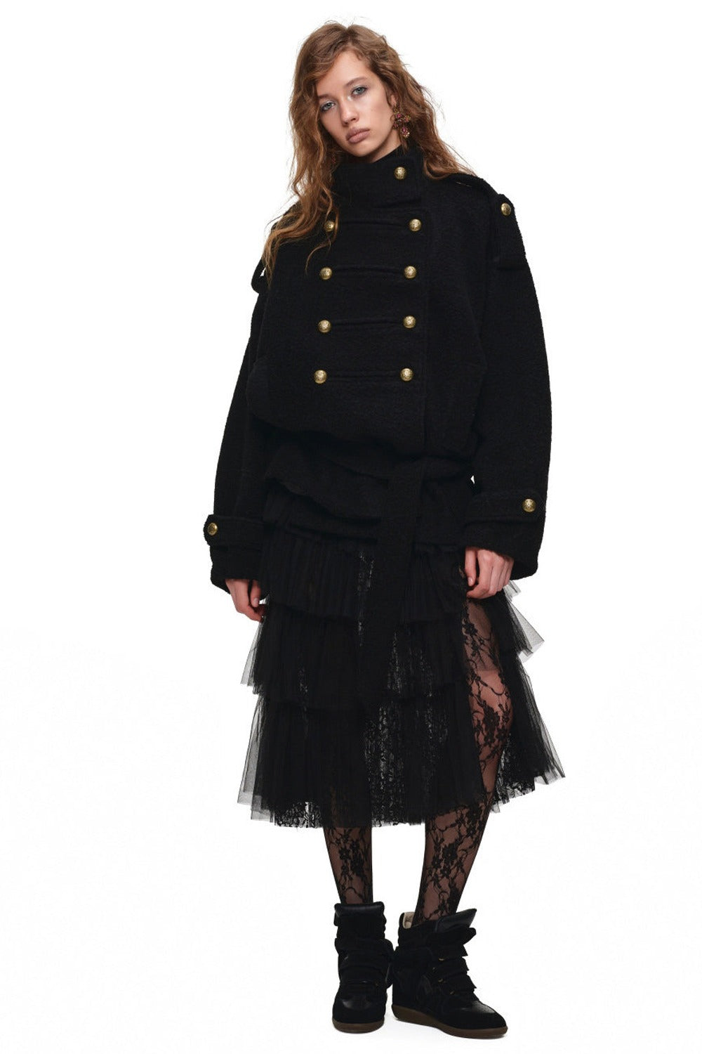 Double-Breasted Lace-Up Tweed Coat