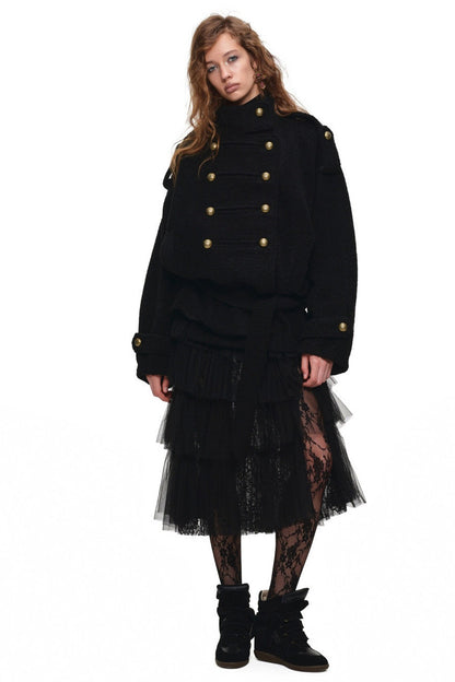 Double-Breasted Lace-Up Tweed Coat